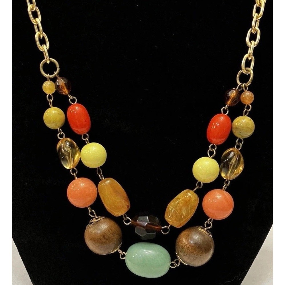 Glam Retro Multicolor Red Yellow Orange Green Cabochon Necklace Gold Tone
